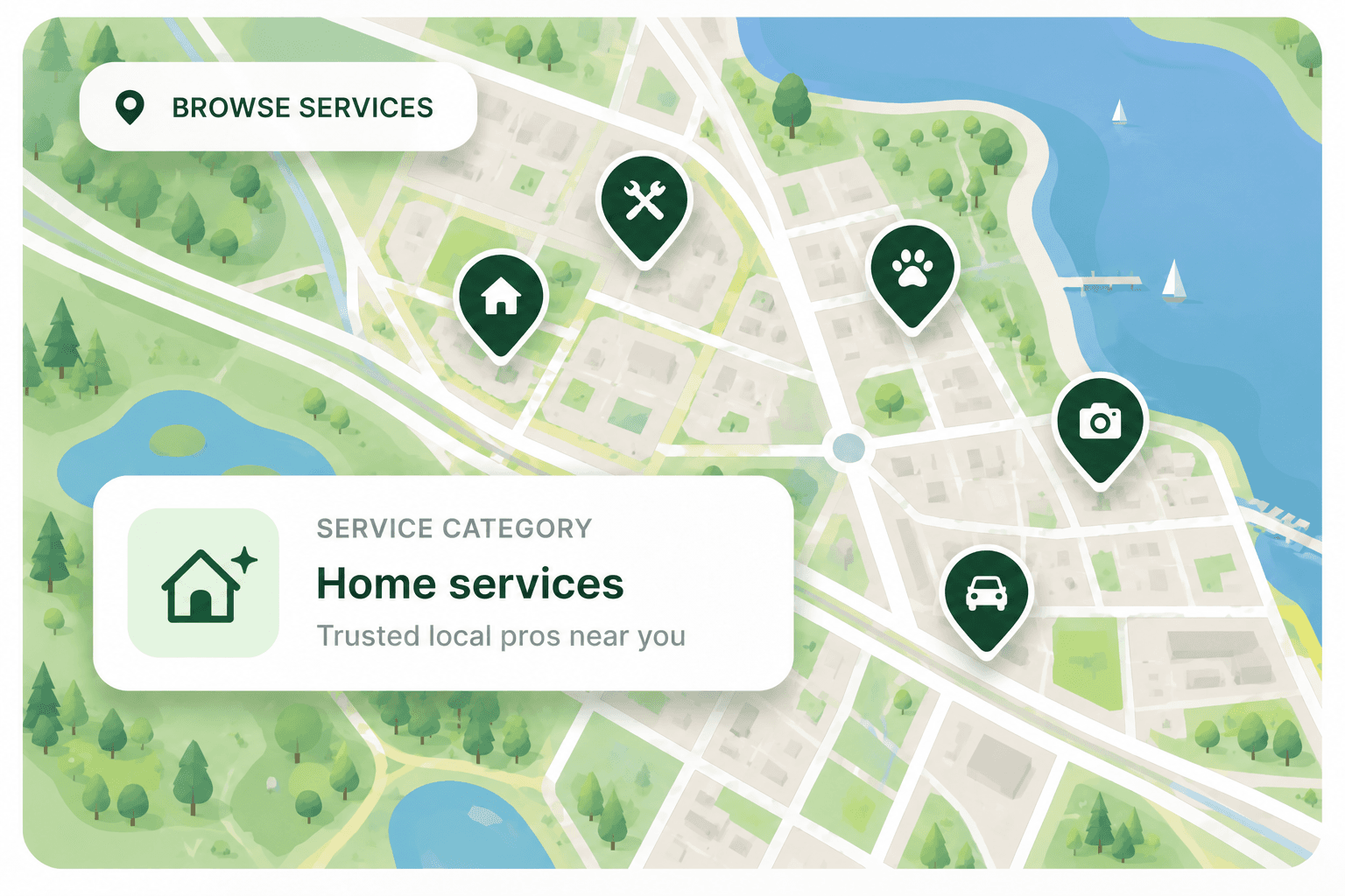 Illustrated city map showing local home, repair, pet, photography, and transportation services